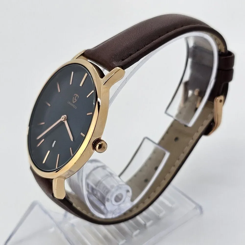 Men's Watch 40MM Gold Case Blue Dial Brown Leather Band‎ Straps Date Indicator